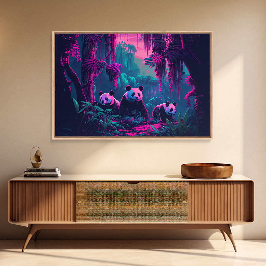 Cute pandas, jungle, framed canvas print, framed wall art, synthwave animal art