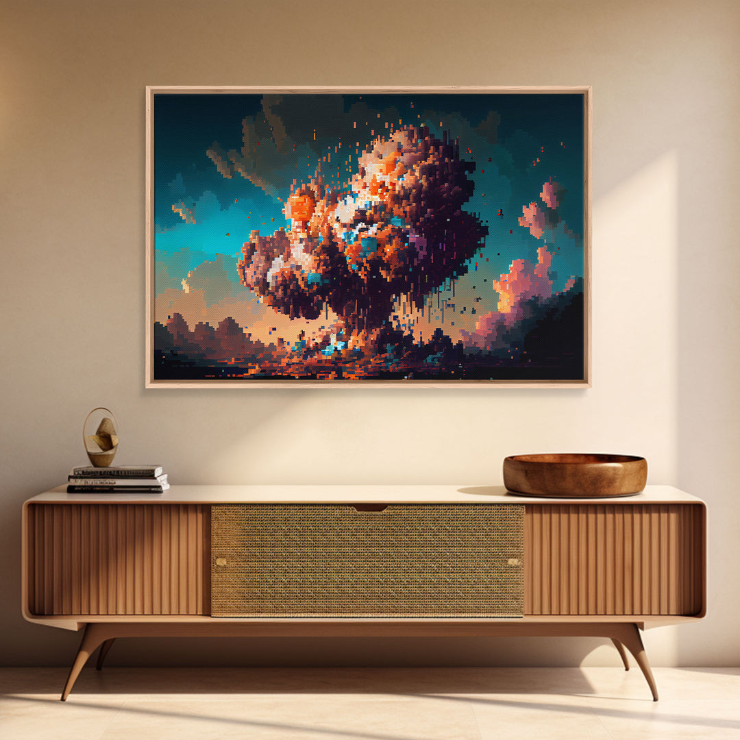 Pixel art atomic bomb, framed canvas print, pixel art explosion