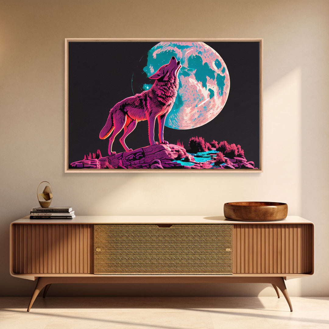 Howl at the moon, wolf art, framed canvas print, synthwave / vaporwave art