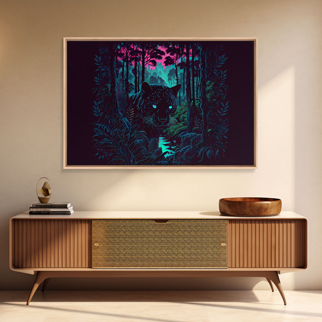 Panther in the jungle, framed canvas print, synthwave / vaporwave art