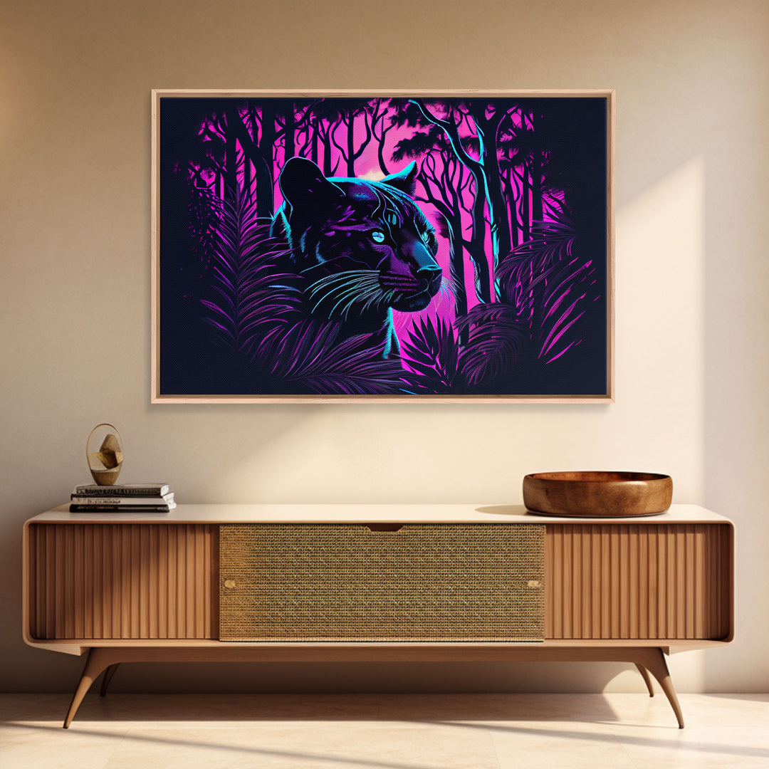 Vaporwave art,  framed canvas print, Jungle Panther synthwave portrait