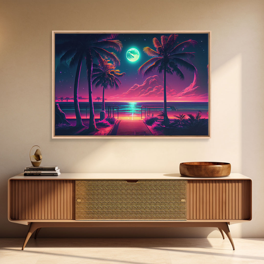 Outrun style full moon lit beach, framed canvas print, synthwave palm tree & beach art