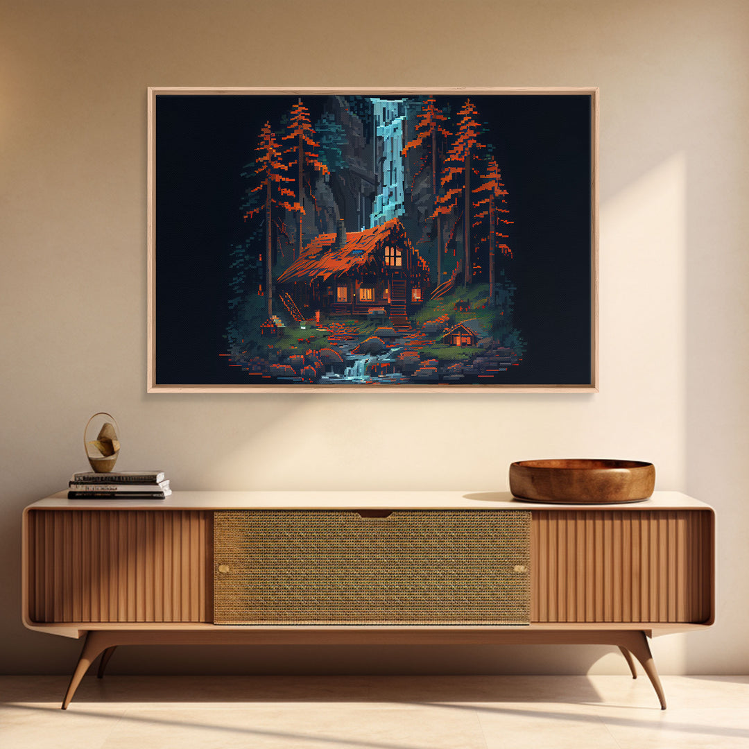 Secluded log cabin in the woods with a waterfall behind it, 8 bit pixel art, framed canvas print