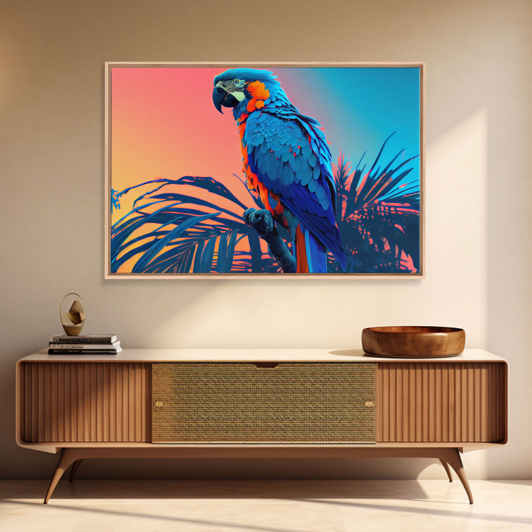 Birds of Paradise, Tropical Blue Parrot, Framed canvas print, beautiful wall art for vacation home