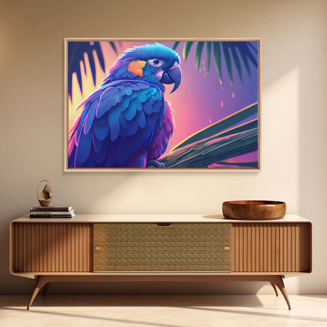 Tropical Blue Parrot, Framed canvas print, beautiful wall art for vacation home, birds of paradise