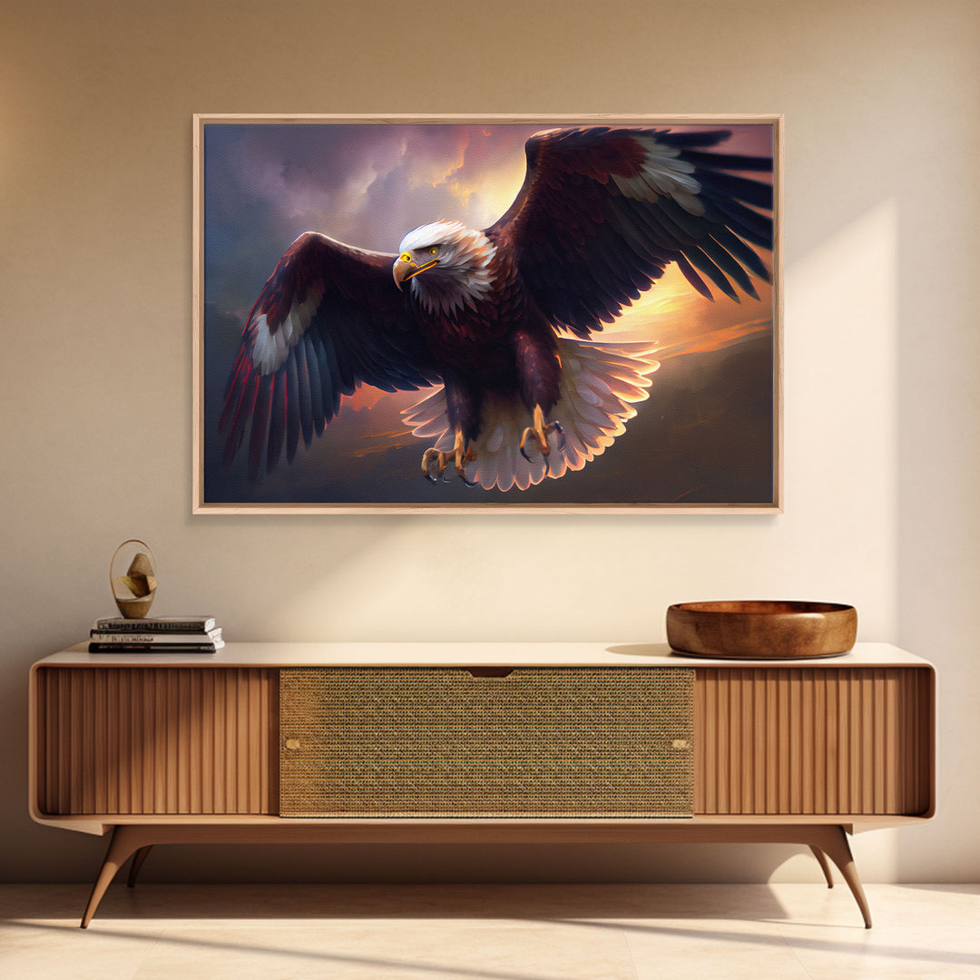 American Bald Eagle in Flight, watercolor, framed canvas print