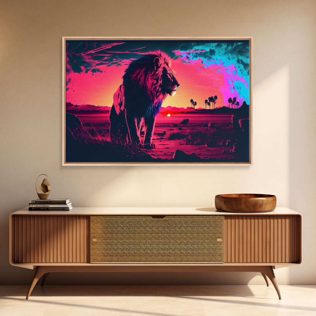 Synthwave style watercolor painting of an African lion, framed canvas print, colorful living room wall art