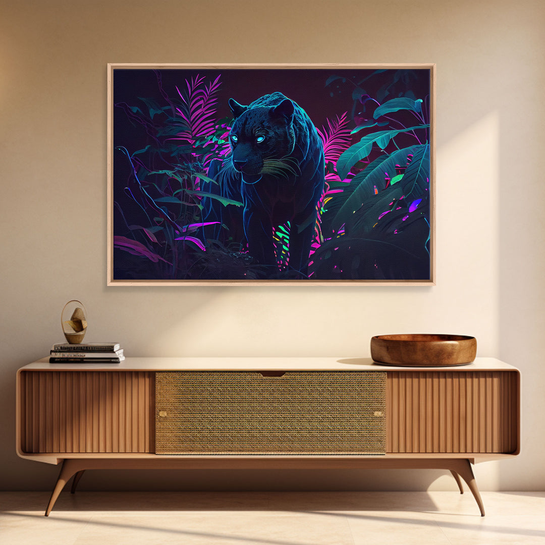 Black panther on the hunt in the jungle, glowing blue eyes, synth wave aesthetic art, framed canvas print