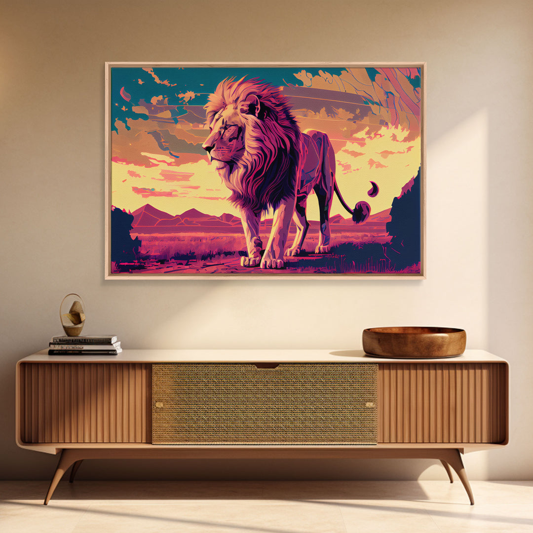 Retrowave watercolor painting of an African Lion, framed canvas print, unique large format wall art