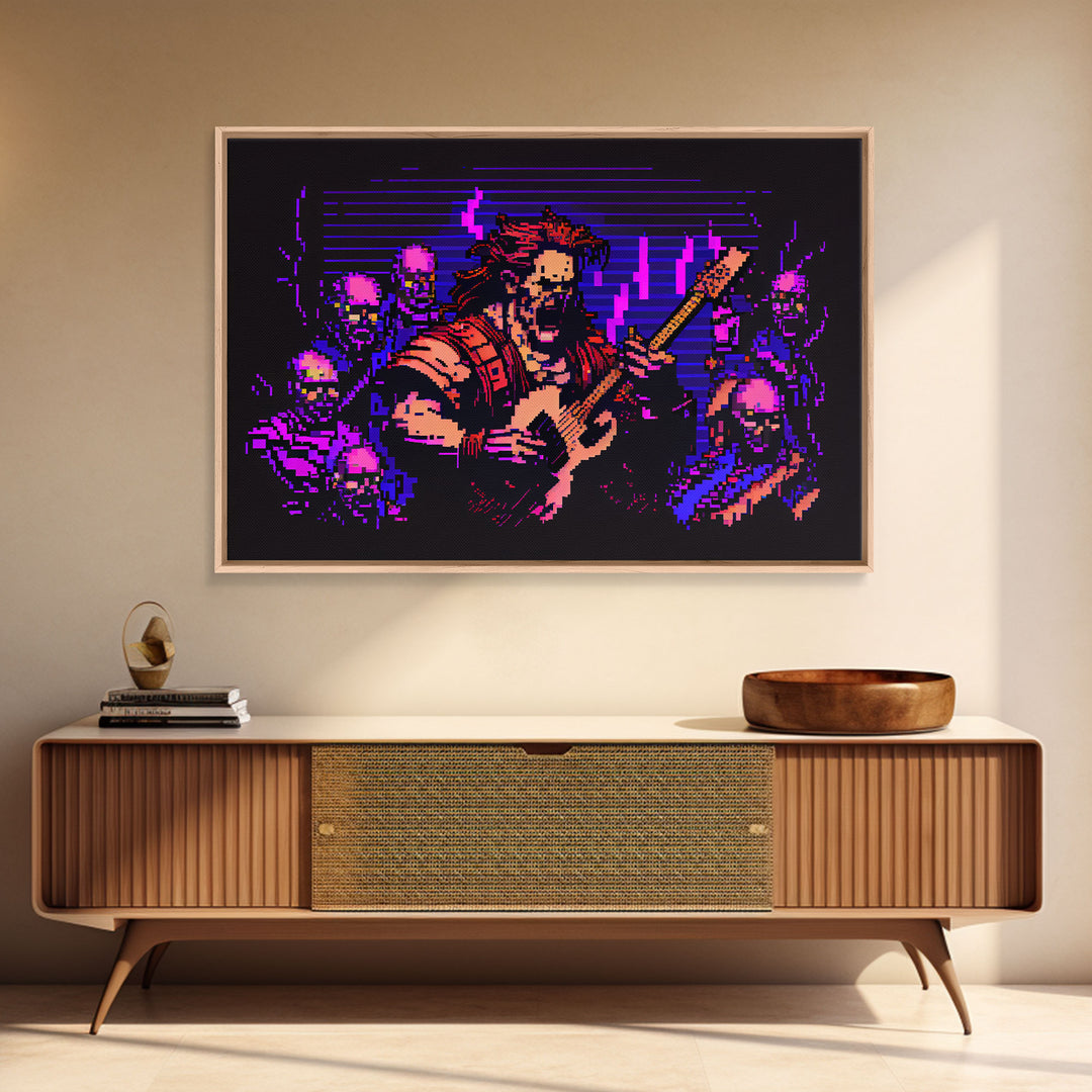 Human bard pixel art, vaporwave RPG concept art, framed canvas print, synthwave tabletop art