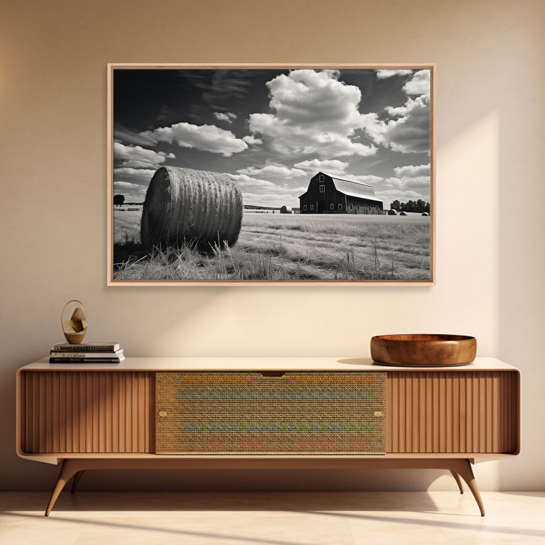 Black and White Photo Of a Barn and Hay Bail, Liminal Art, Country Decor, Farmhouse Style Art, Canvas Print