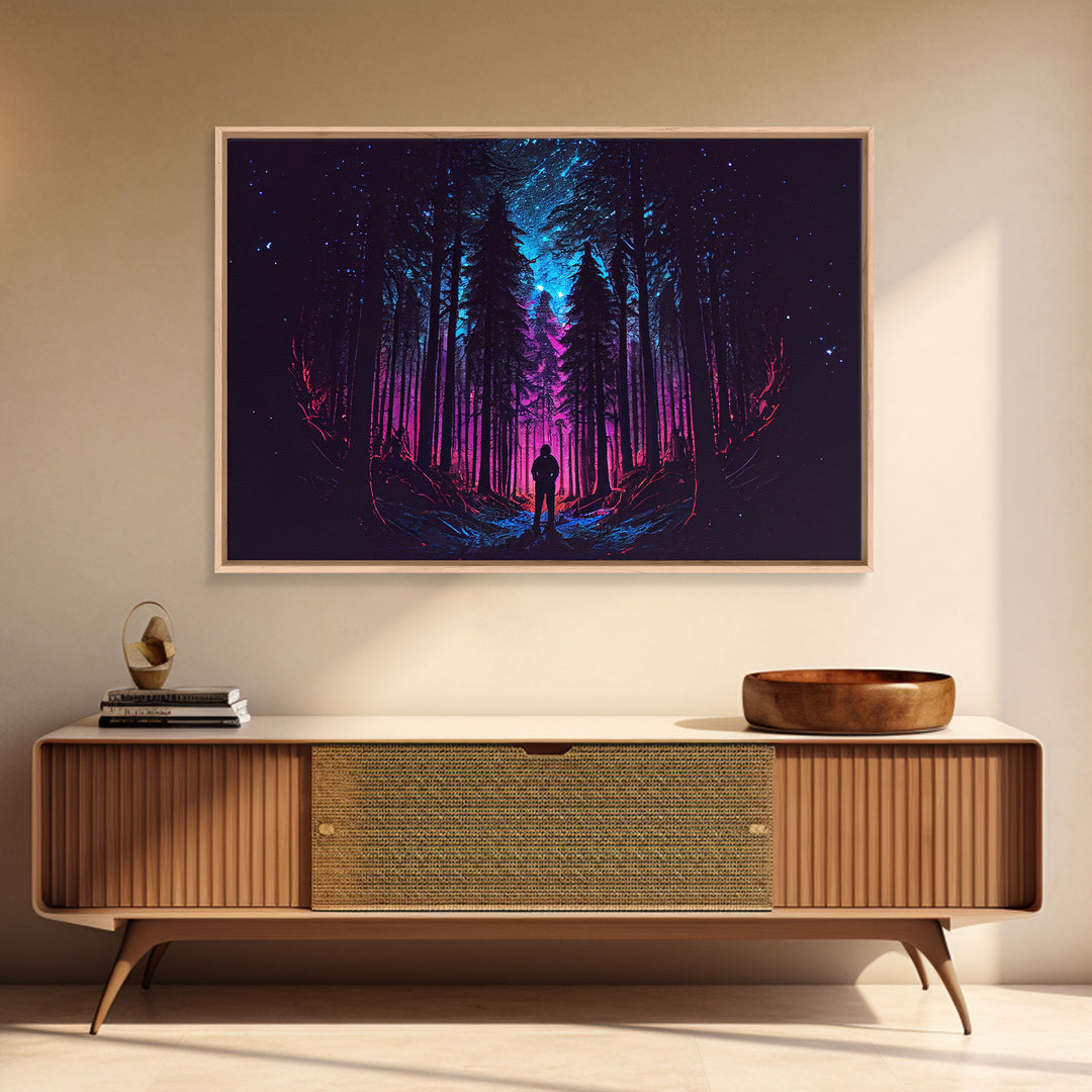 Contemplating the stars, vaporwave aesthetic, forest art, starry night, framed canvas print, outrun art