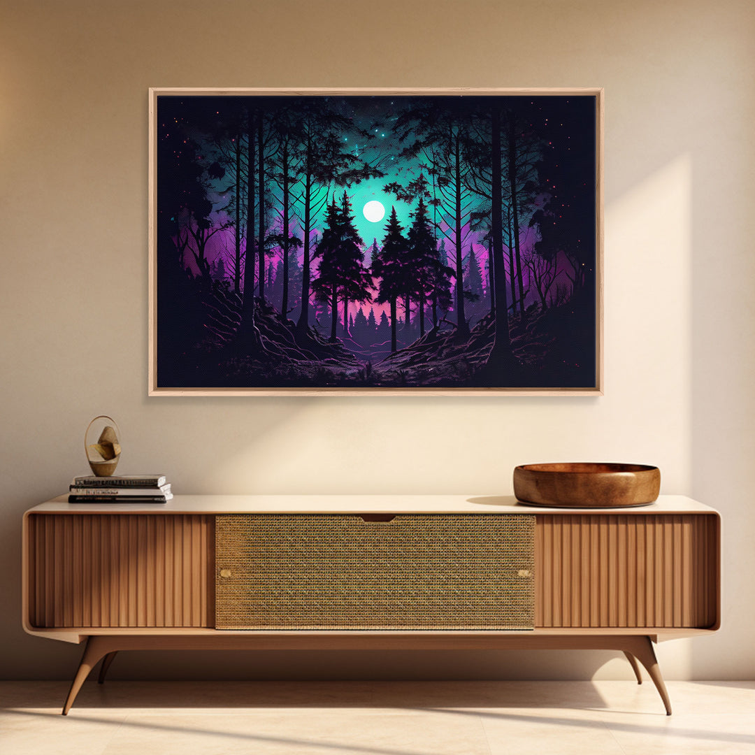 Fantasy forest art, full moon visible through the trees, framed canvas print, framed wall art