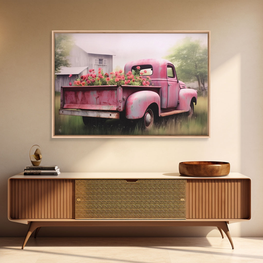 Old Pink Truck Used As a Flower Bed, Framed Canvas Print Or Poster, Rustic Farmhouse Decor, Primitive Art, Country Home Art