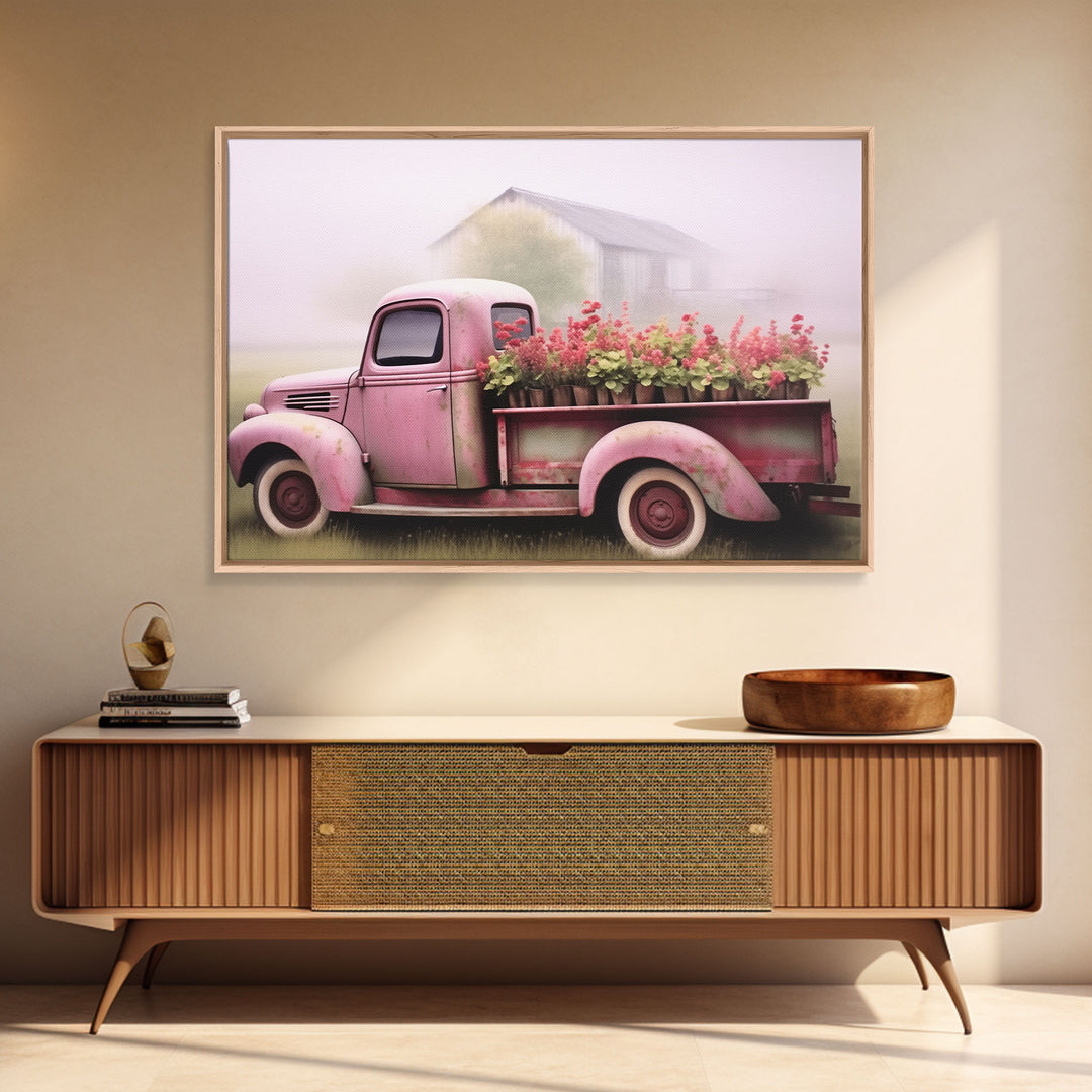 Framed Picture of old truck with beautiful flowers in bed of truck, farmhouse living, old barn, farmhouse distressed, framed canvas print