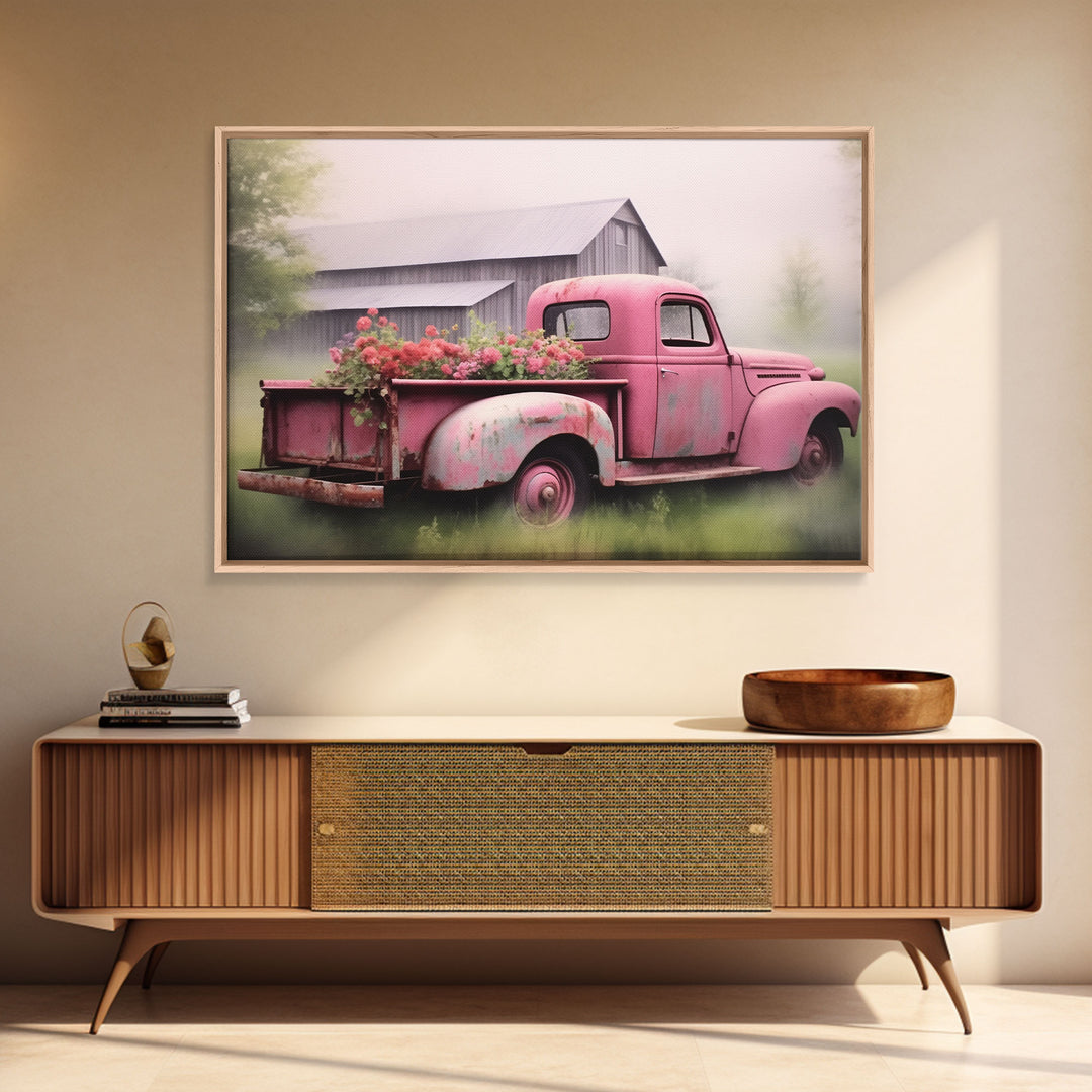 Framed Picture of old truck with beautiful flowers in bed of truck, farmhouse living, old barn, farmhouse distressed, framed canvas print