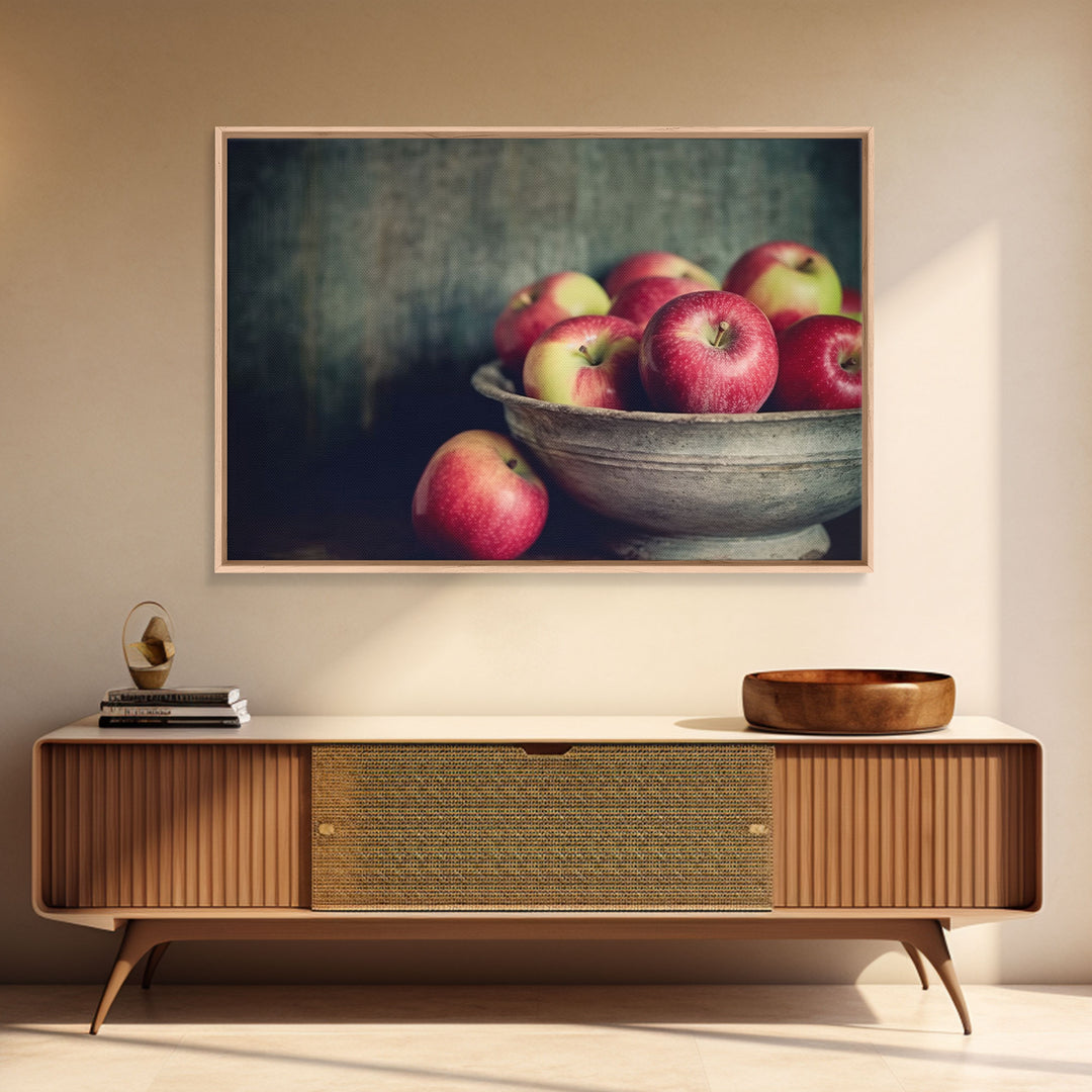 Farmhouse Kitchen Art, Framed Canvas Print, Still Life of Apples In A Rustic Bowl, Photography Print, Kitchen Decor, Rustic Country Kitchen