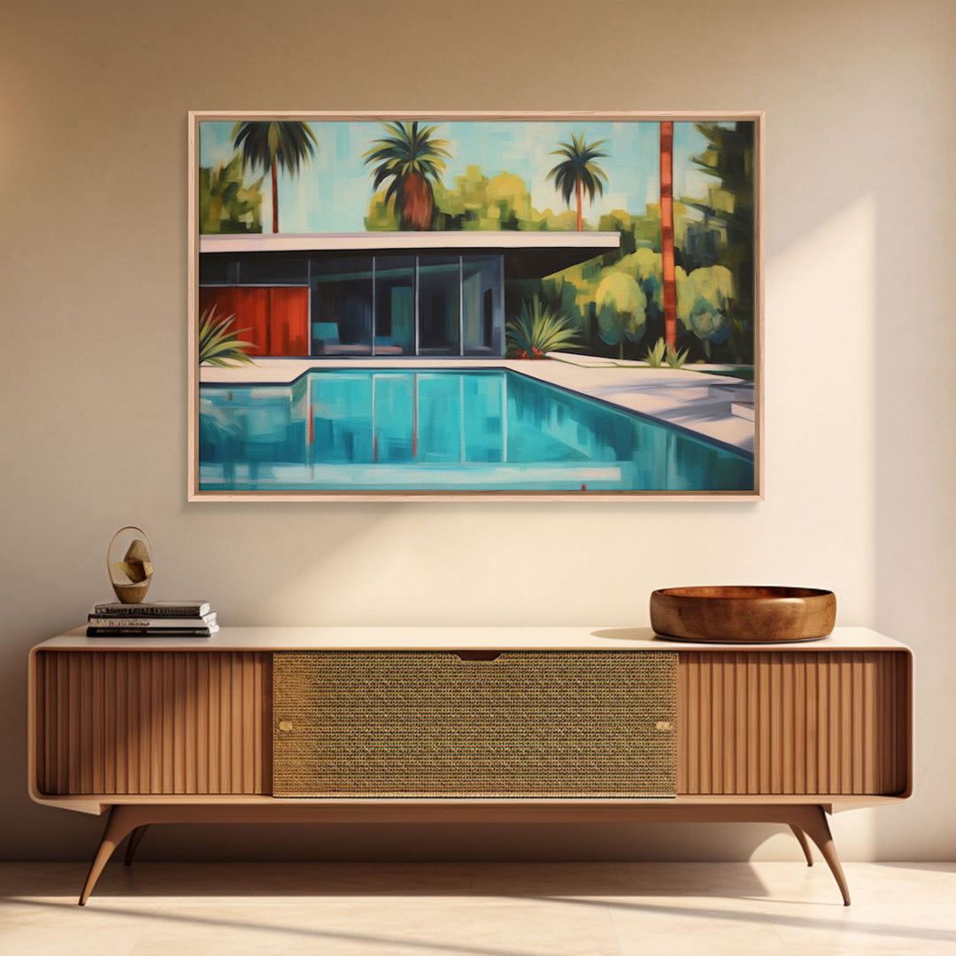 The Pool House, Mid Century Modern Decor, Framed Wall Art, Architectural Print, Retro Art, Swimming Pool Art, Framed Painting