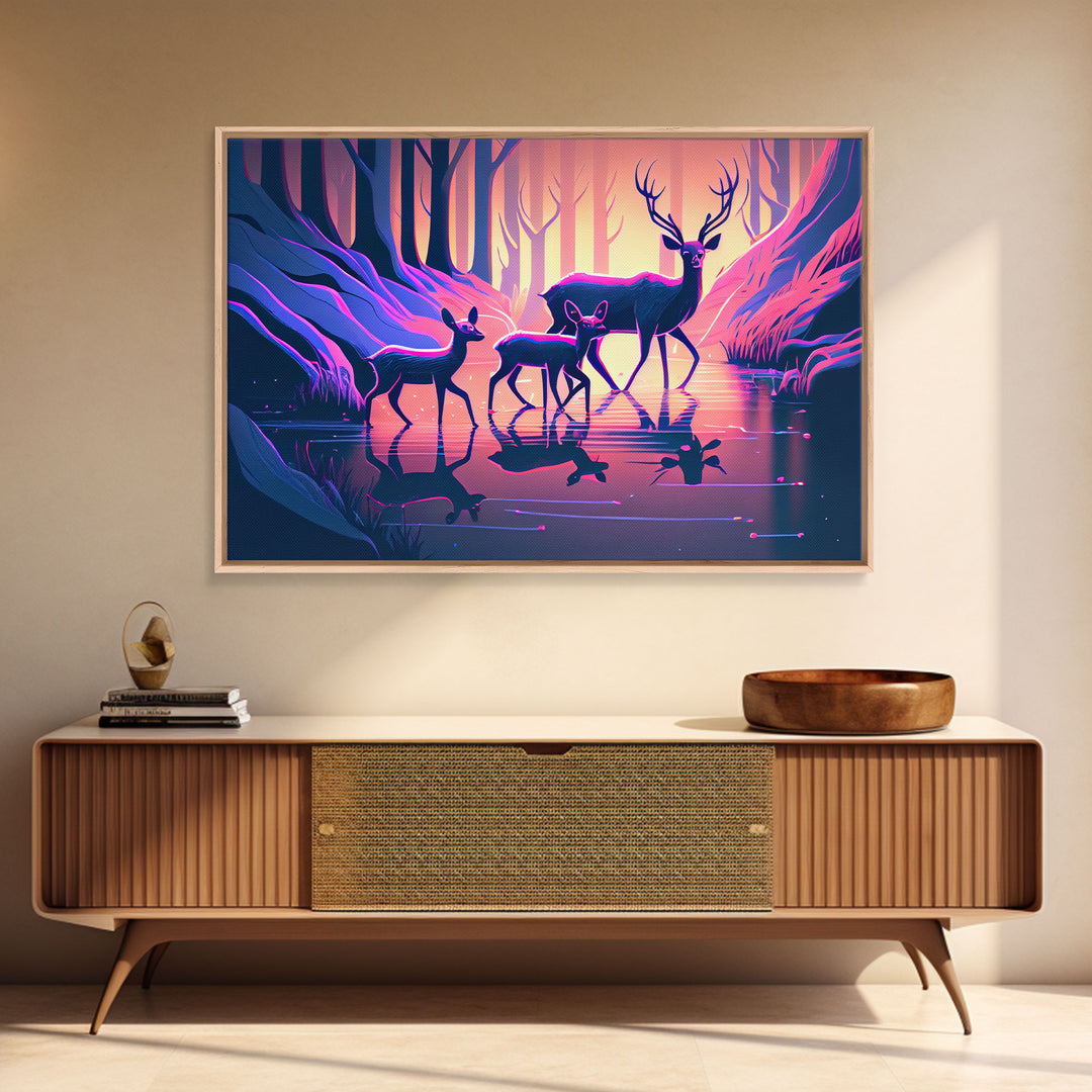 Vaporwave nature art, family of Deer in the forest, pastel art, framed canvas print, framed wall art