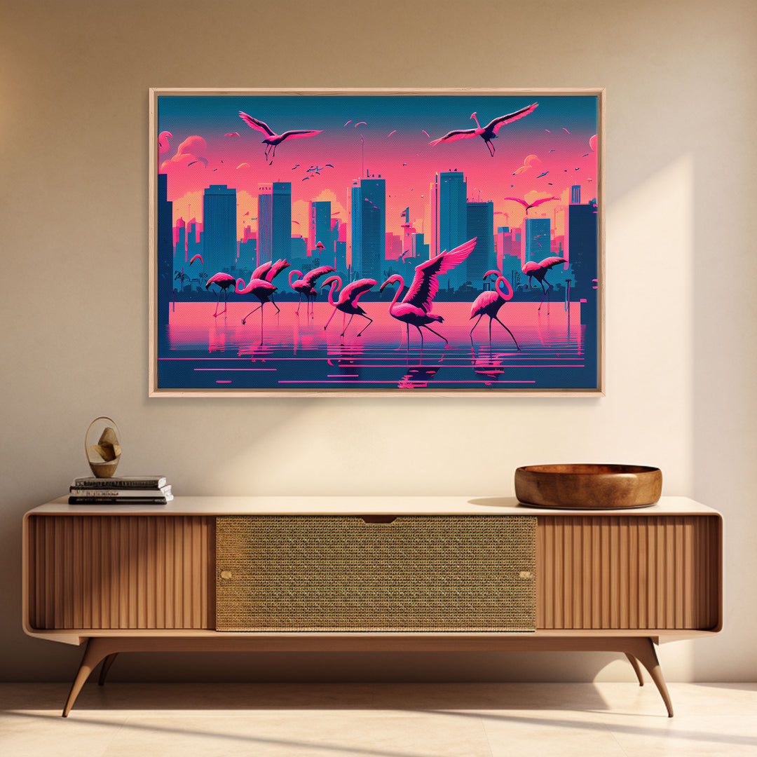 Pink Flamingos, Vaporwave aesthetic style art, framed canvas print, framed wall art