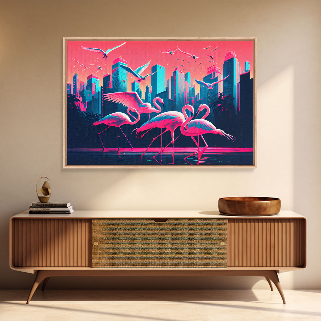 Pink Flamingos, Vaporwave aesthetic style art, framed canvas print, framed wall art