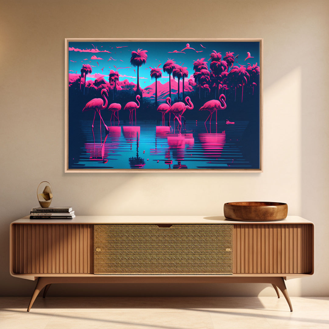 Reflections of Pink Flamingos, Vaporwave aesthetic style art, framed canvas print, framed wall art