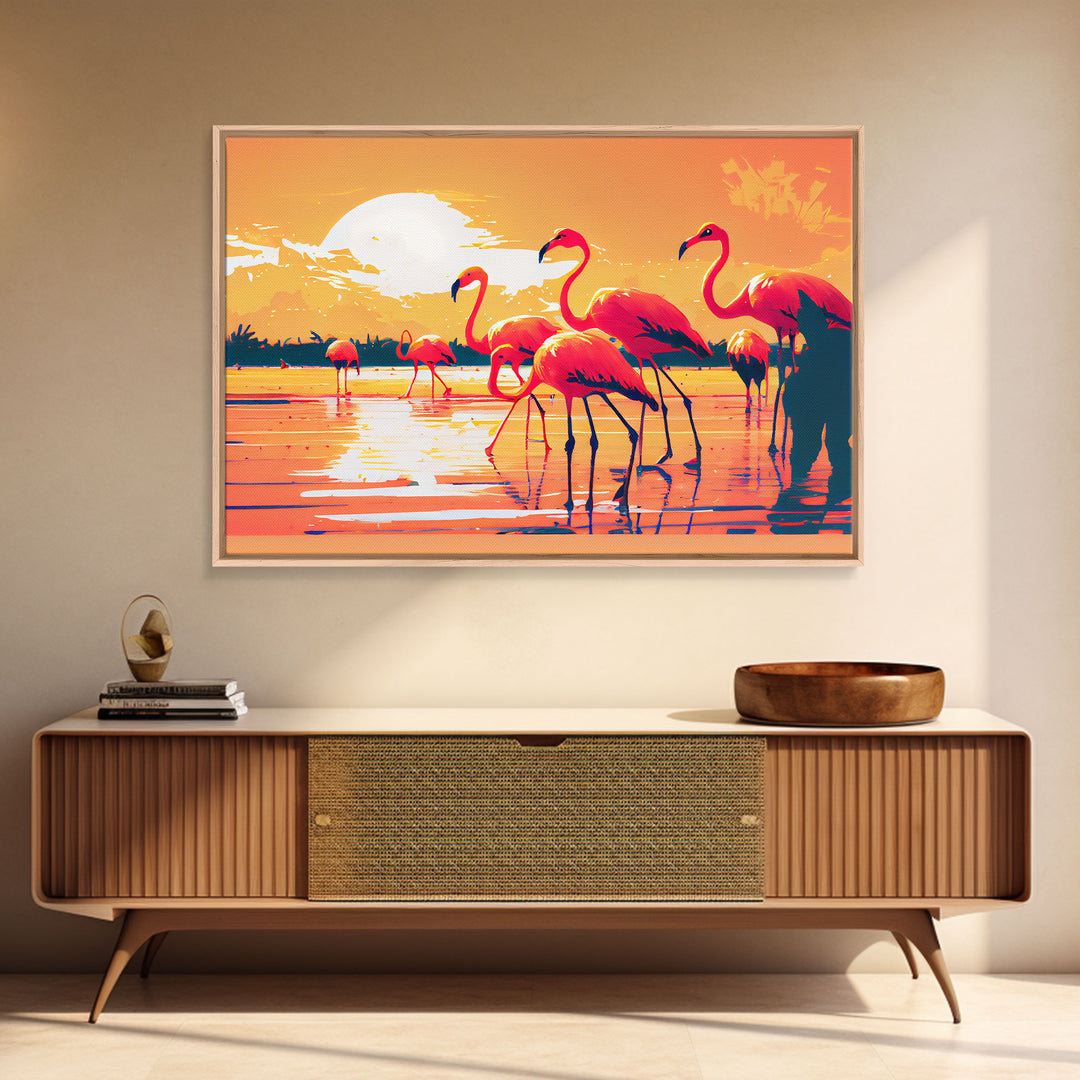 Pink Flamingos at Sunset, framed canvas print, vaporwave vibes art