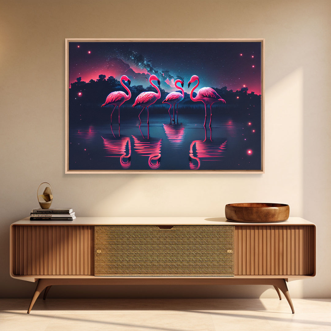 Pink Flamingos against a starry night sky, synthwave vibes, framed canvas print, framed art