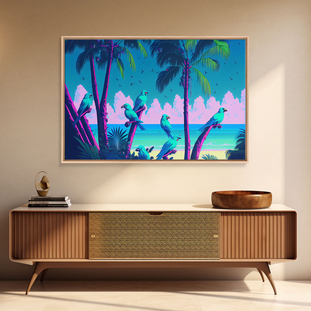 Tropical birds of paradise, synthwave, vaporwave wall art, framed canvas print