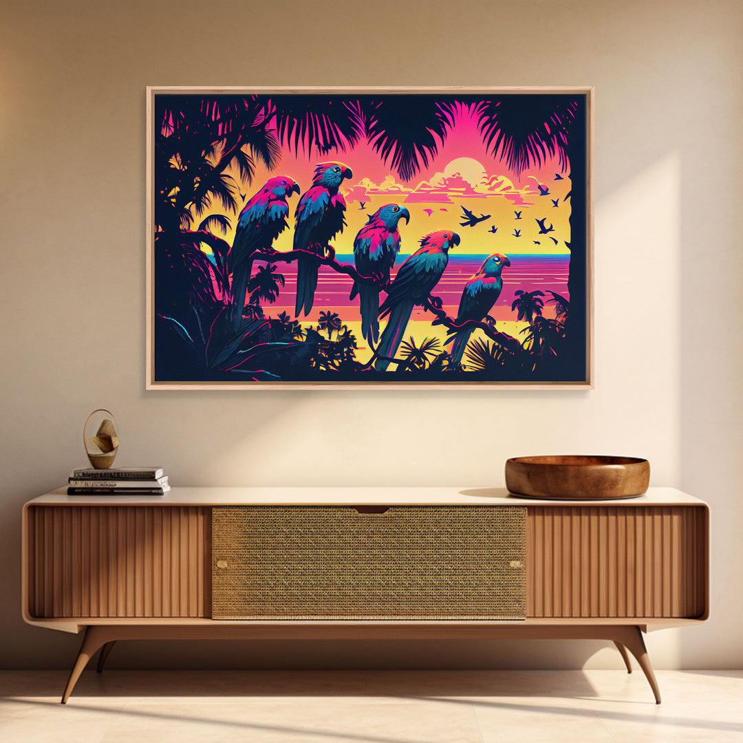 Tropical birds of paradise, synthwave, vaporwave wall art, framed canvas print