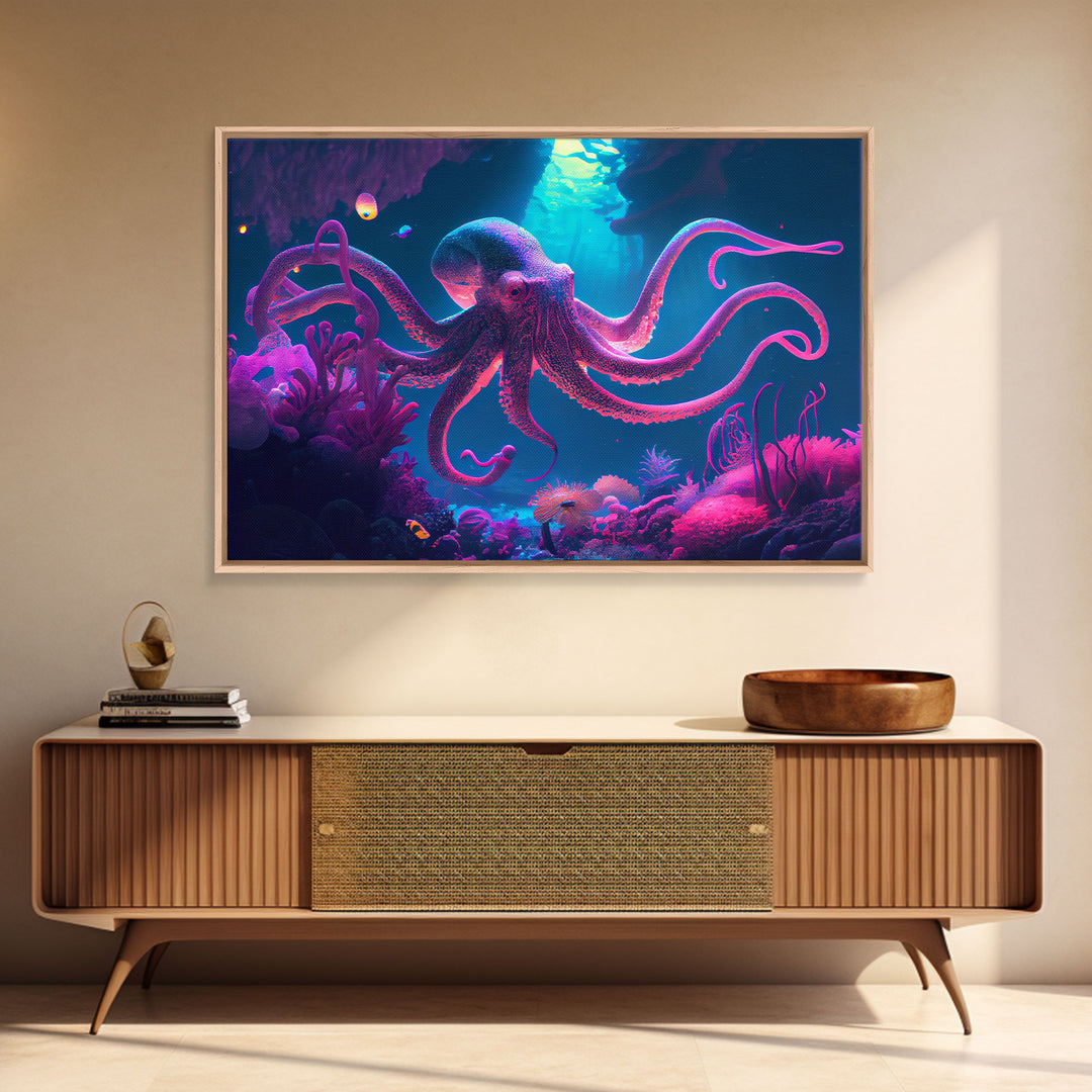 Pink Octopus, Ocean art, aquarium art, framed canvas print, vaporwave pastel art