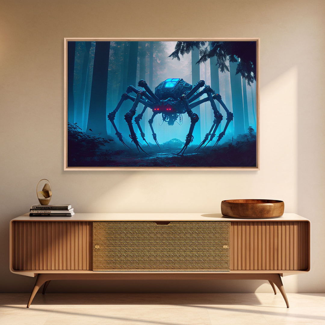 Cyborg Spider, Scifi Fantasy horror art, robot spider on the hunt, framed canvas print