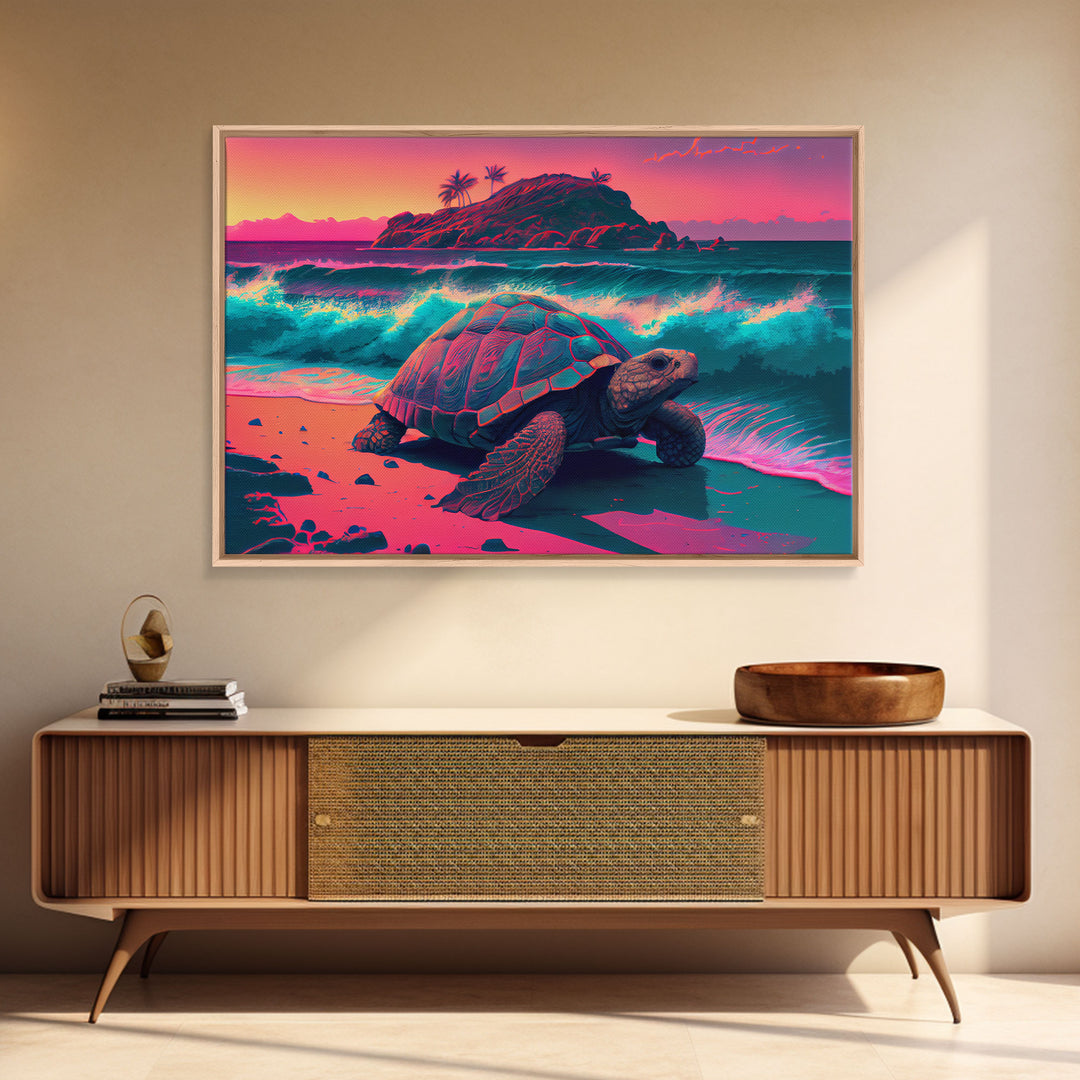 Sea turtle fighting the waves, framed canvas art, synthwave, vaporwave, animal prints