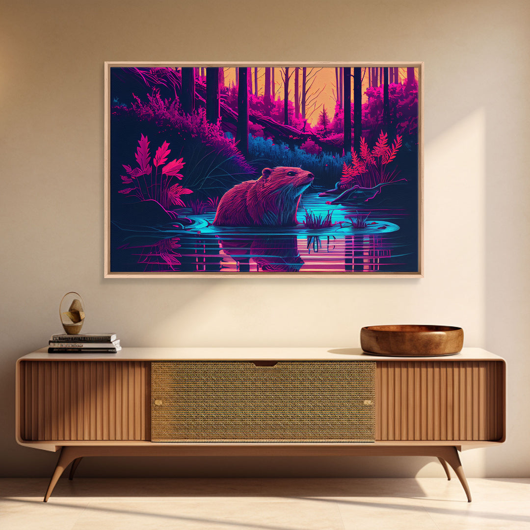 Cute beaver in a river, pink vaporwave art, animal  prints, framed canvas print, framed wall art