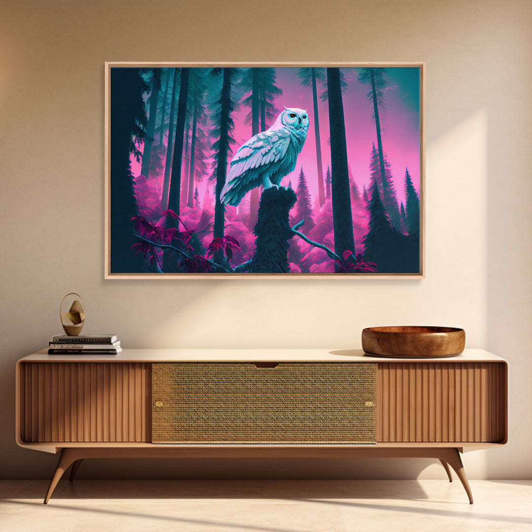 White owl in synthwave forest, vaporwave style animal print art, framed canvas print