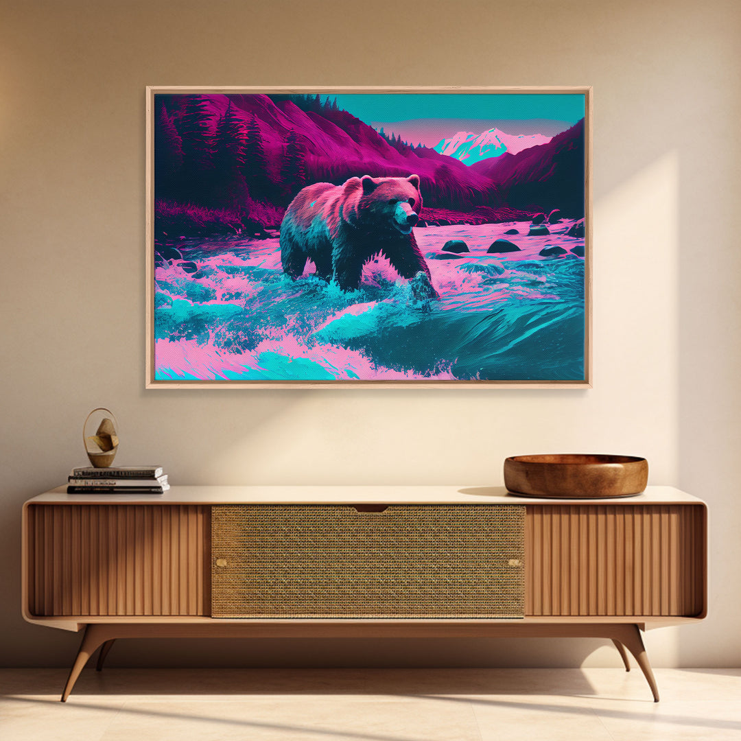 Grizzly bear crossing a river, vaporwave style animal print art, framed canvas print