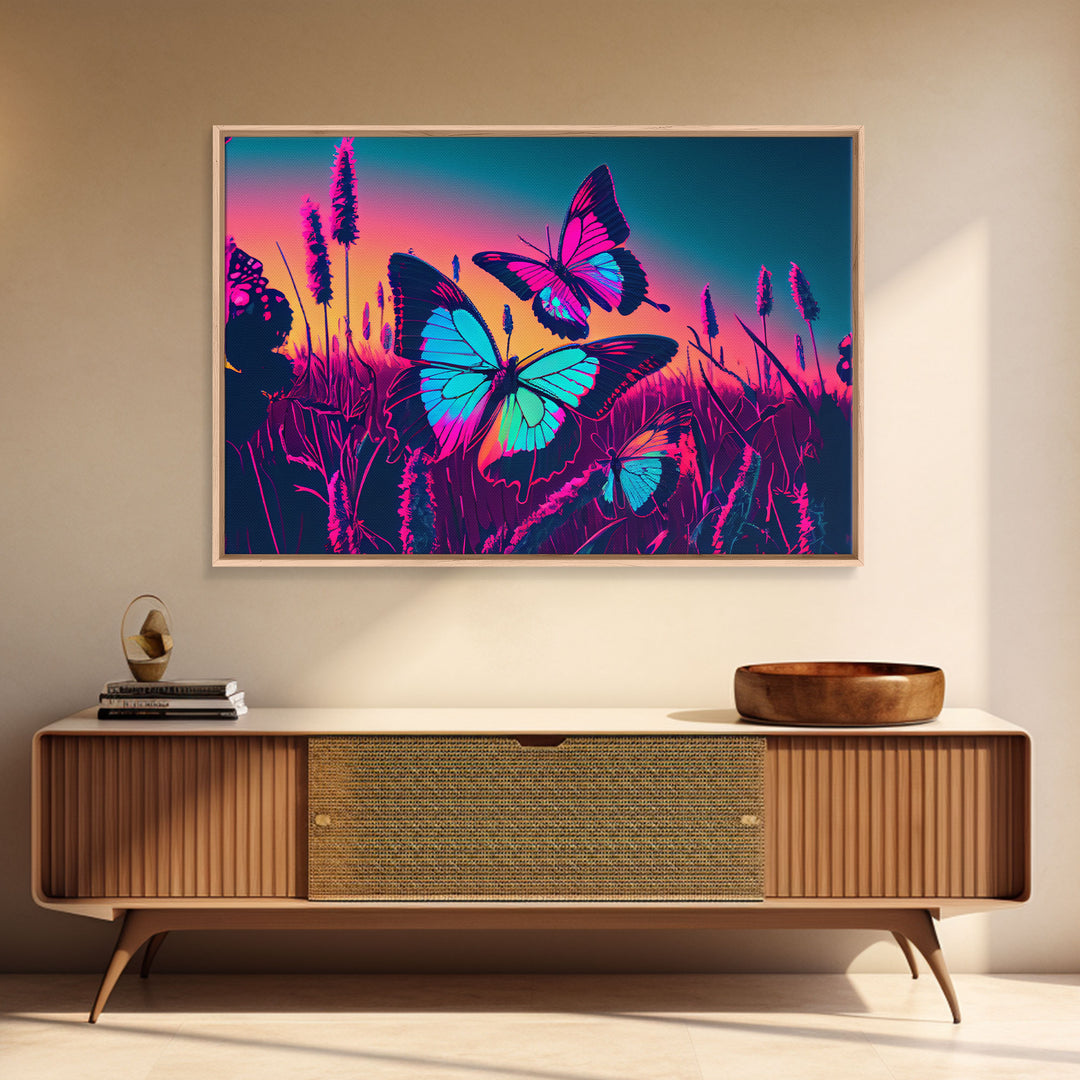 Beautiful turquoise butterfly art, vaporwave aesthetic pastel art, framed canvas print, synthwave art