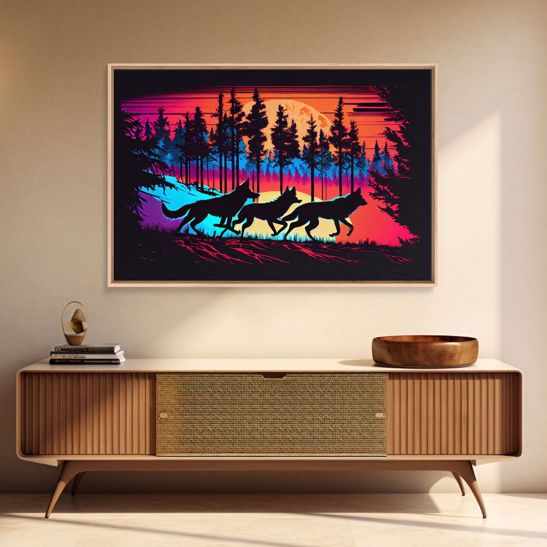 Wolves on the hunt at sunset, synthwave animal art, framed canvas print, vaporwave aesthetic animal art