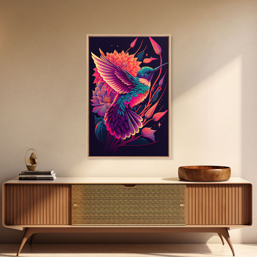 Beautiful Retro-Wave Humming Bird, framed canvas print, Colorful farmhouse wall art