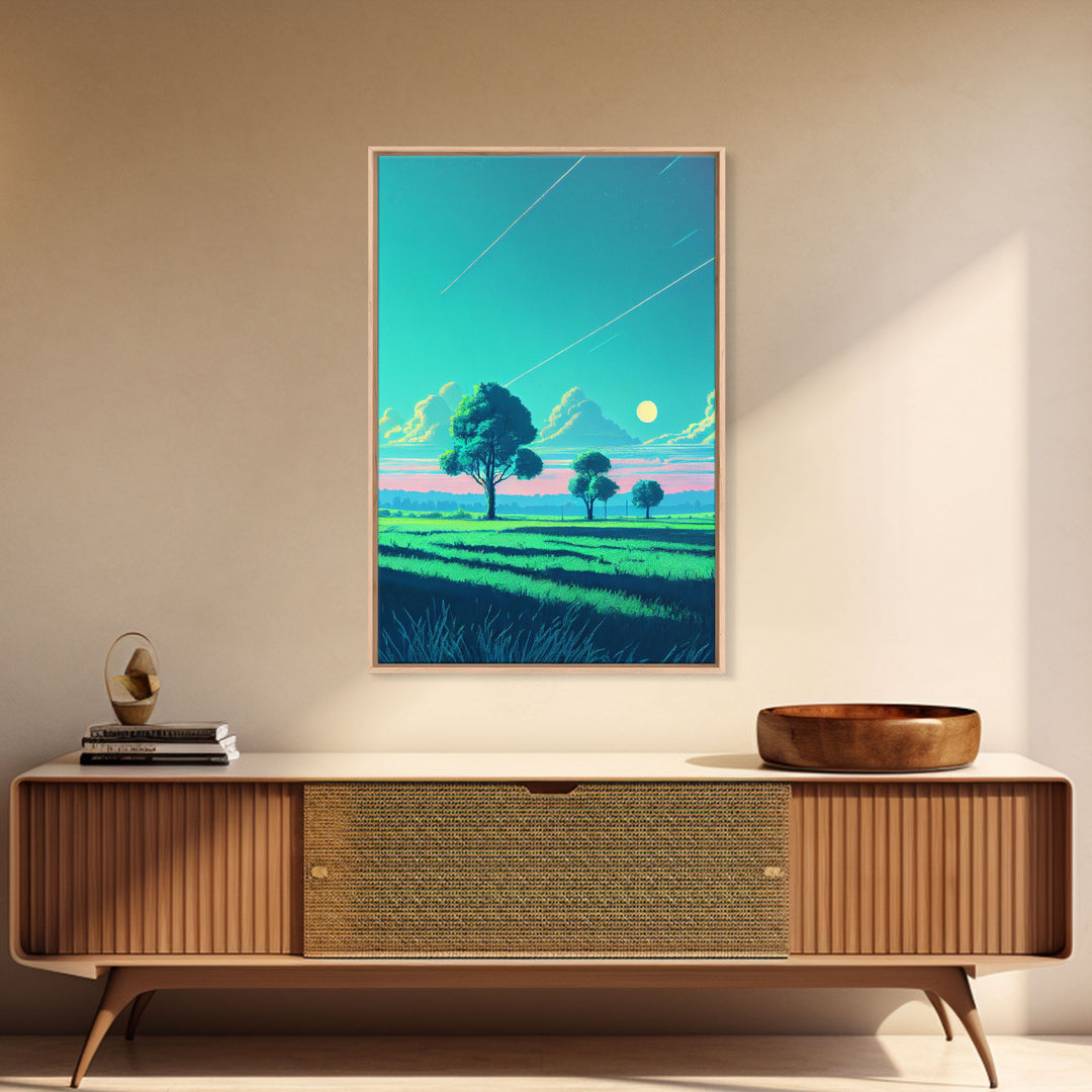 Retrowave landscape pixel art, soothing art, framed canvas print, light pastel sunset