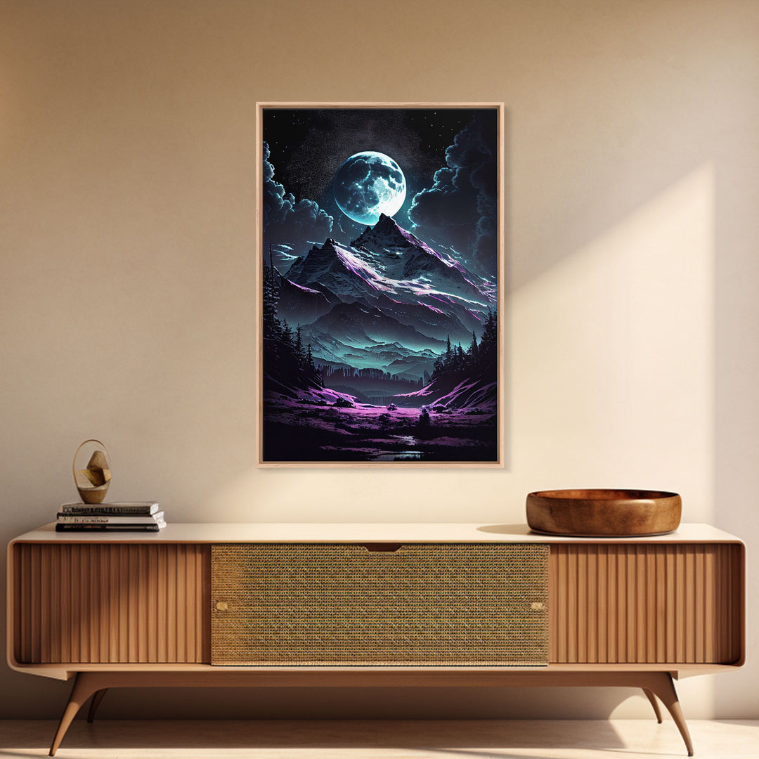 Mythical mountains fantasy art, framed canvas print, full moon over a mystical mountain landscape