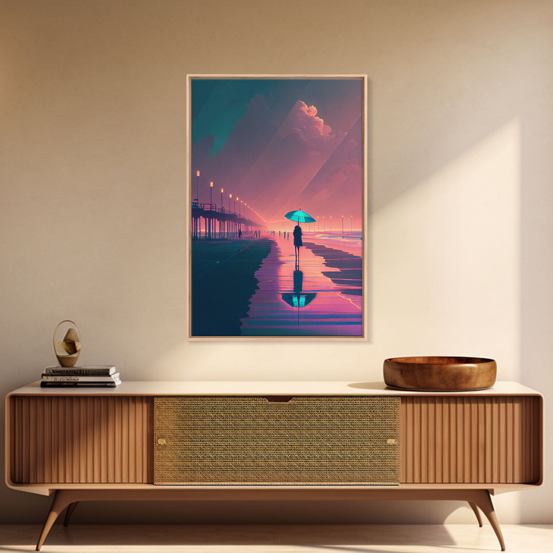 Synthwave Art, Neon / Pastel Beach Boardwalk, framed canvas print, vintage 80s style art