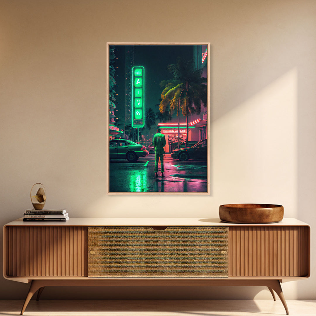 Neon Tokyo Streets, 80s Retro Style Tokyo Art, Framed Canvas Print