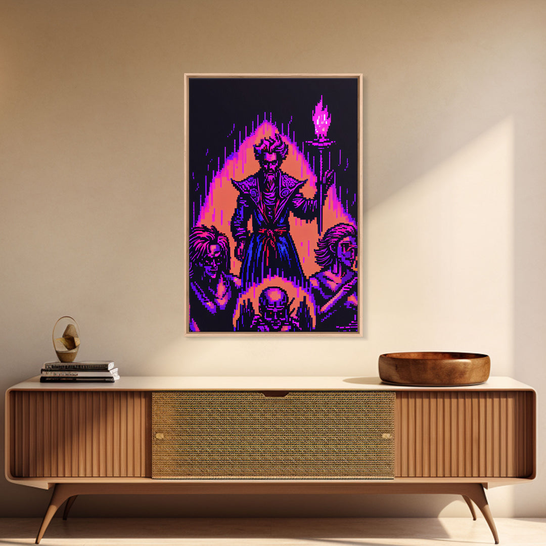 Tabletop RPG pixel art, Human Warlock Art, framed canvas print, framed game room decor