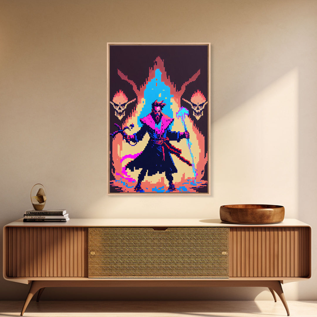 Tabletop RPG pixel art, Human Necromancer Art, framed canvas print, framed game room decor