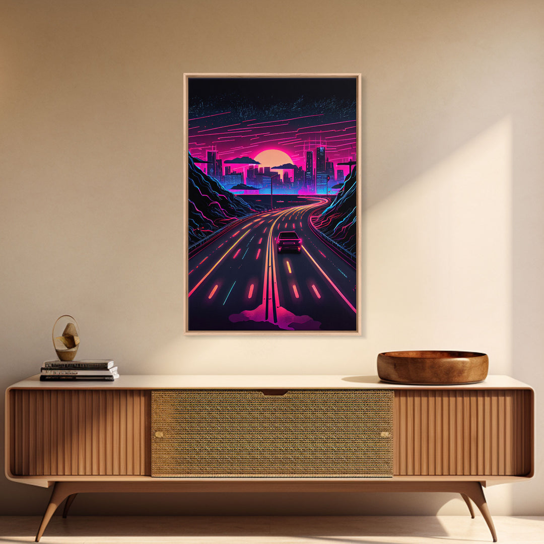 The Drive, Retrowave Outrun Style City Skyline Sunset, 80s Vibes, Framed Canvas Print