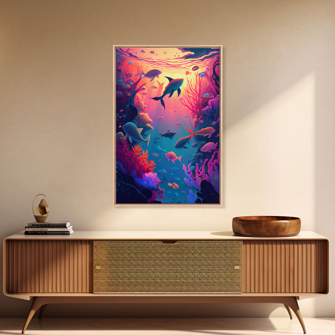 80s Vibe Under The Sea Coral Reef Art, framed canvas print, fish and reef art