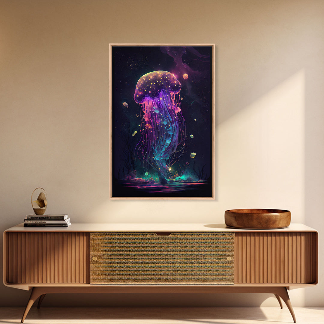 Bioluminescent Cosmic Jellyfish against a Starry night sky, JellyFish Art, Framed Canvas Print, synthwave style art