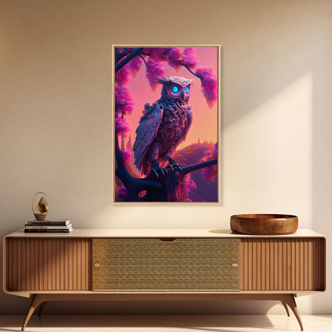 Cyberpunk Robot Owl, framed canvas print, Cybernetic android owl art, vaporwave aesthetic futuristic art