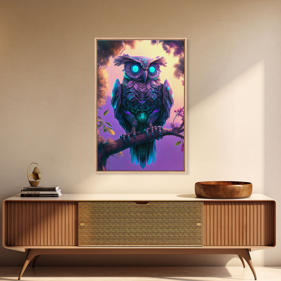 Cyberpunk Robot Owl, framed canvas print, Cybernetic android owl art, vaporwave aesthetic futuristic art